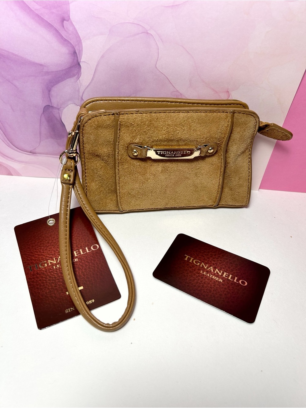 Tignanello Camel/Tan Suede and Leather Wristlet Clutch Wallet with Brand Card